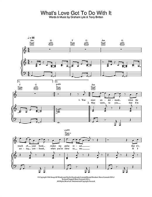 Preview Graham Lyle What's Love Got To Do With It Pop sheet music, notes and chords for Piano, Vocal & Guitar, SKU: 26904 sheet music, piano notes, chords, guitar tabs, score, transpose, transcribe, how to play, guide, download, learn, tutorial, progression, song, artist, awards, billboard, mtv, vh1, tour, single, album, release