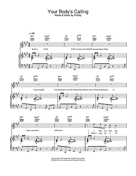 Preview R. Kelly Your Body's Calling R & B sheet music, notes and chords for Piano, Vocal & Guitar, SKU: 26905 sheet music, piano notes, chords, guitar tabs, score, transpose, transcribe, how to play, guide, download, learn, tutorial, progression, song, artist, awards, billboard, mtv, vh1, tour, single, album, release