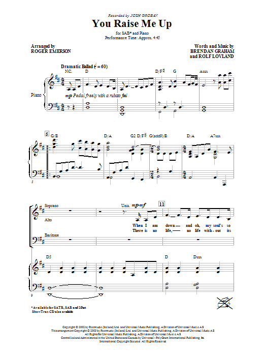 Preview Josh Groban You Raise Me Up (arr. Roger Emerson) Pop sheet music, notes and chords for SAB, SKU: 26909 sheet music, piano notes, chords, guitar tabs, score, transpose, transcribe, how to play, guide, download, learn, tutorial, progression, song, artist, awards, billboard, mtv, vh1, tour, single, album, release