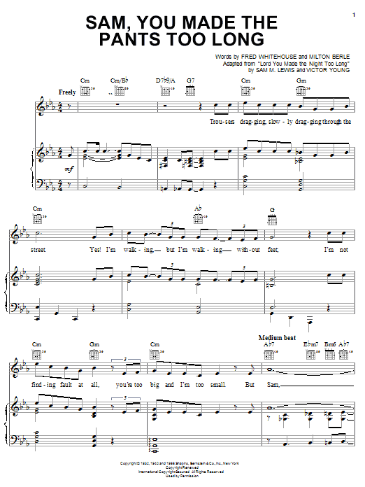 Preview Fred Whitehouse Sam, You Made The Pants Too Long Pop sheet music, notes and chords for Piano, Vocal & Guitar (Right-Hand Melody), SKU: 26911 sheet music, piano notes, chords, guitar tabs, score, transpose, transcribe, how to play, guide, download, learn, tutorial, progression, song, artist, awards, billboard, mtv, vh1, tour, single, album, release