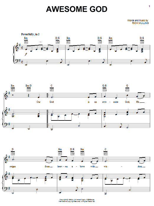 Preview Rich Mullins Awesome God (Chorus Only) Children sheet music, notes and chords for Piano, Vocal & Guitar (Right-Hand Melody), SKU: 26913 sheet music, piano notes, chords, guitar tabs, score, transpose, transcribe, how to play, guide, download, learn, tutorial, progression, song, artist, awards, billboard, mtv, vh1, tour, single, album, release