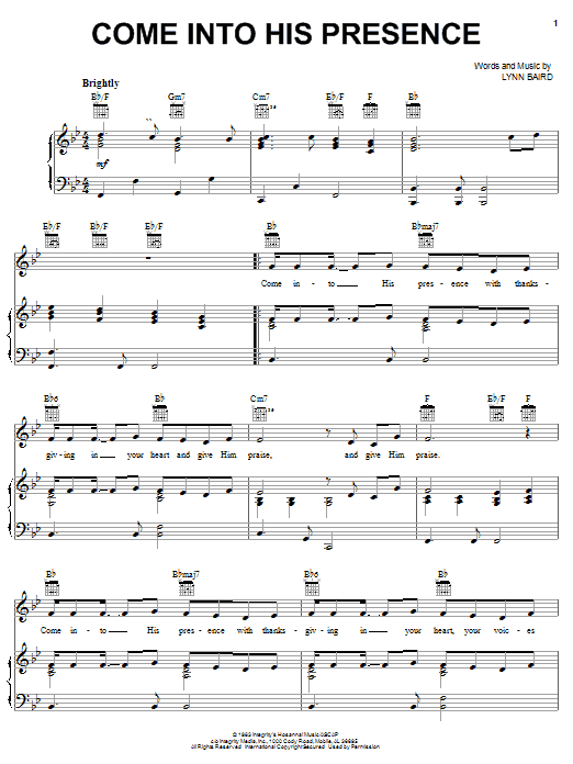 Preview Lynn Baird Come Into His Presence Religious sheet music, notes and chords for Piano, Vocal & Guitar (Right-Hand Melody), SKU: 26915 sheet music, piano notes, chords, guitar tabs, score, transpose, transcribe, how to play, guide, download, learn, tutorial, progression, song, artist, awards, billboard, mtv, vh1, tour, single, album, release