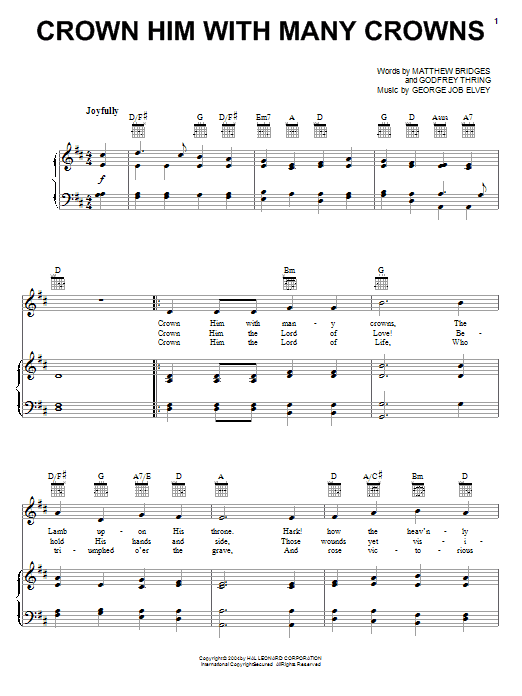 Preview Matthew Bridges Crown Him With Many Crowns Hymn sheet music, notes and chords for Piano, Vocal & Guitar (Right-Hand Melody), SKU: 26916 sheet music, piano notes, chords, guitar tabs, score, transpose, transcribe, how to play, guide, download, learn, tutorial, progression, song, artist, awards, billboard, mtv, vh1, tour, single, album, release