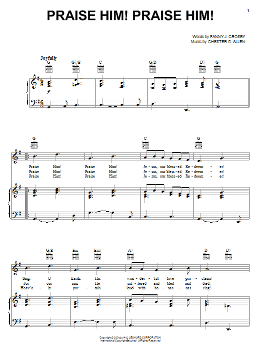 Preview Fanny J. Crosby Praise Him! Praise Him! Hymn sheet music, notes and chords for Piano, Vocal & Guitar (Right-Hand Melody), SKU: 26920 sheet music, piano notes, chords, guitar tabs, score, transpose, transcribe, how to play, guide, download, learn, tutorial, progression, song, artist, awards, billboard, mtv, vh1, tour, single, album, release