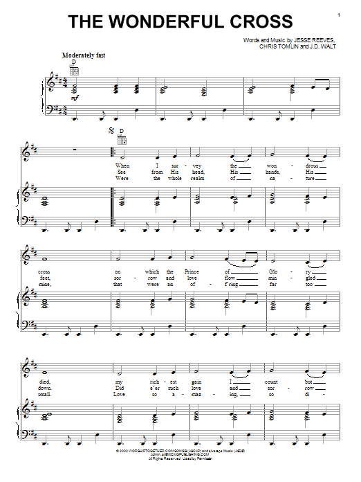 Preview Chris Tomlin The Wonderful Cross Pop sheet music, notes and chords for Piano, Vocal & Guitar (Right-Hand Melody), SKU: 26923 sheet music, piano notes, chords, guitar tabs, score, transpose, transcribe, how to play, guide, download, learn, tutorial, progression, song, artist, awards, billboard, mtv, vh1, tour, single, album, release