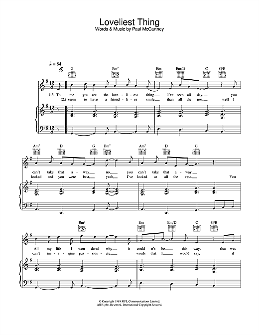 Preview Paul McCartney Loveliest Thing Pop sheet music, notes and chords for Piano, Vocal & Guitar, SKU: 26931 sheet music, piano notes, chords, guitar tabs, score, transpose, transcribe, how to play, guide, download, learn, tutorial, progression, song, artist, awards, billboard, mtv, vh1, tour, single, album, release
