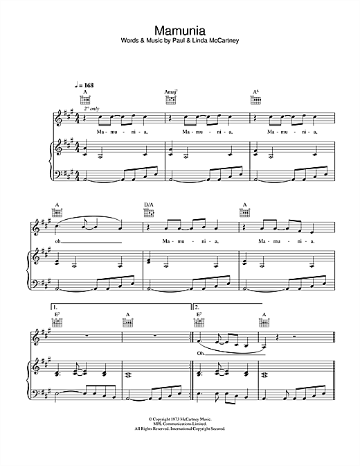 Preview Paul McCartney & Wings Mamunia Rock sheet music, notes and chords for Piano, Vocal & Guitar, SKU: 26932 sheet music, piano notes, chords, guitar tabs, score, transpose, transcribe, how to play, guide, download, learn, tutorial, progression, song, artist, awards, billboard, mtv, vh1, tour, single, album, release