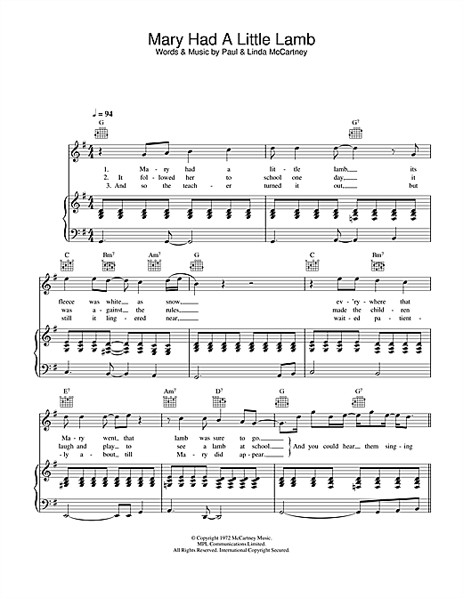 Preview Paul McCartney & Wings Mary Had A Little Lamb Rock sheet music, notes and chords for Piano, Vocal & Guitar, SKU: 26933 sheet music, piano notes, chords, guitar tabs, score, transpose, transcribe, how to play, guide, download, learn, tutorial, progression, song, artist, awards, billboard, mtv, vh1, tour, single, album, release