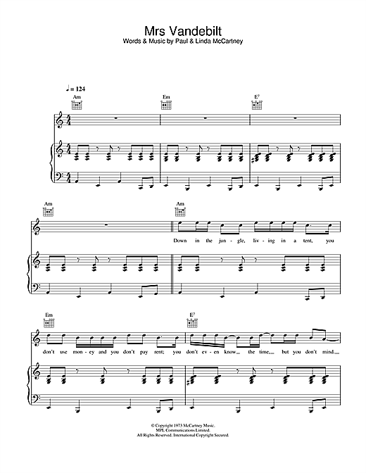 Preview Paul McCartney & Wings Mrs. Vandebilt Rock sheet music, notes and chords for Piano, Vocal & Guitar, SKU: 26934 sheet music, piano notes, chords, guitar tabs, score, transpose, transcribe, how to play, guide, download, learn, tutorial, progression, song, artist, awards, billboard, mtv, vh1, tour, single, album, release
