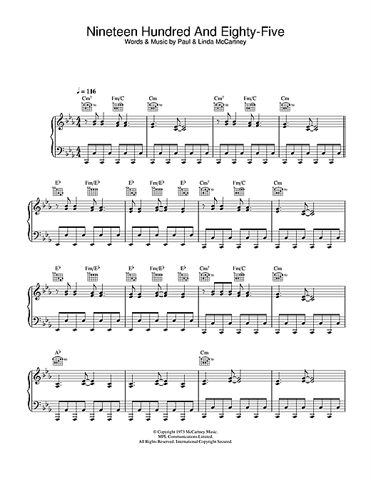 Preview Paul McCartney & Wings Nineteen Hundred And Eighty-Five Rock sheet music, notes and chords for Piano, Vocal & Guitar, SKU: 26935 sheet music, piano notes, chords, guitar tabs, score, transpose, transcribe, how to play, guide, download, learn, tutorial, progression, song, artist, awards, billboard, mtv, vh1, tour, single, album, release