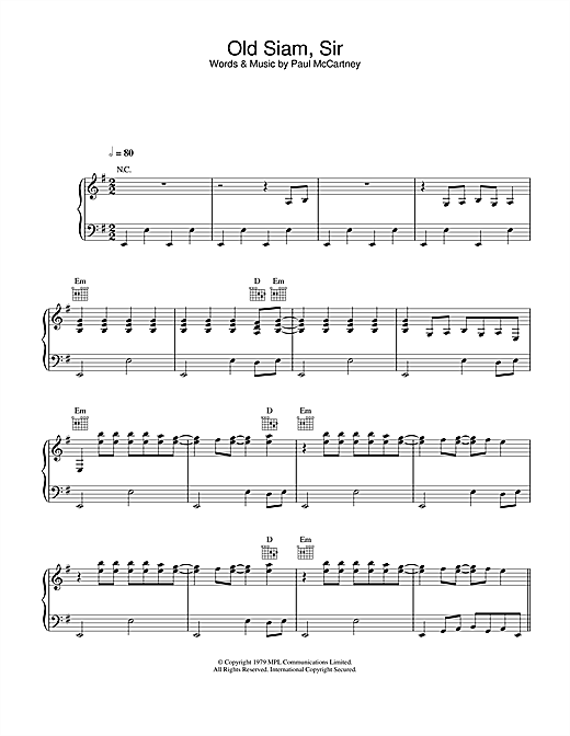 Preview Paul McCartney & Wings Old Siam, Sir Rock sheet music, notes and chords for Piano, Vocal & Guitar (Right-Hand Melody), SKU: 26936 sheet music, piano notes, chords, guitar tabs, score, transpose, transcribe, how to play, guide, download, learn, tutorial, progression, song, artist, awards, billboard, mtv, vh1, tour, single, album, release