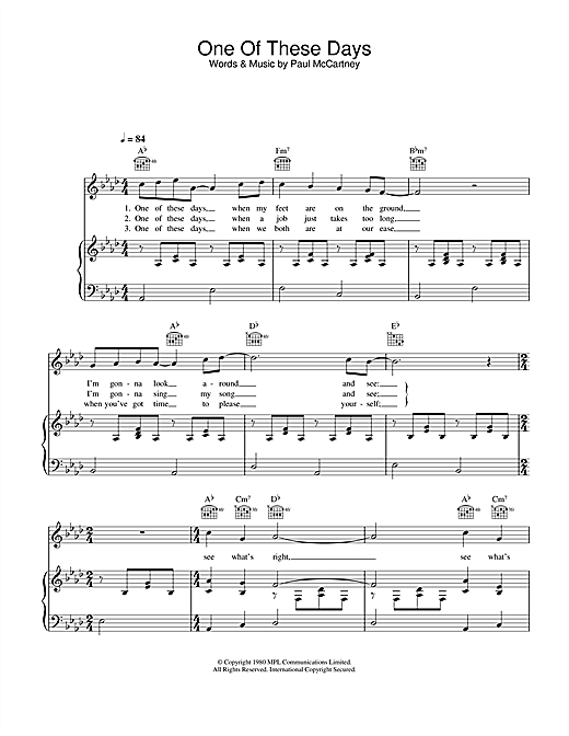 Preview Paul McCartney One Of These Days Pop sheet music, notes and chords for Piano, Vocal & Guitar, SKU: 26937 sheet music, piano notes, chords, guitar tabs, score, transpose, transcribe, how to play, guide, download, learn, tutorial, progression, song, artist, awards, billboard, mtv, vh1, tour, single, album, release