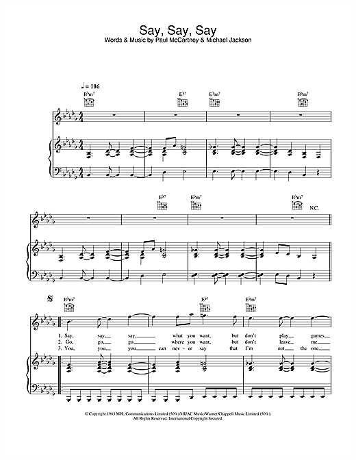 Preview Paul McCartney & Michael Jackson Say Say Say Pop sheet music, notes and chords for Piano, Vocal & Guitar, SKU: 26938 sheet music, piano notes, chords, guitar tabs, score, transpose, transcribe, how to play, guide, download, learn, tutorial, progression, song, artist, awards, billboard, mtv, vh1, tour, single, album, release
