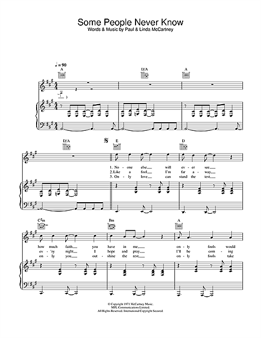 Preview Paul McCartney & Wings Some People Never Know Rock sheet music, notes and chords for Piano, Vocal & Guitar, SKU: 26940 sheet music, piano notes, chords, guitar tabs, score, transpose, transcribe, how to play, guide, download, learn, tutorial, progression, song, artist, awards, billboard, mtv, vh1, tour, single, album, release