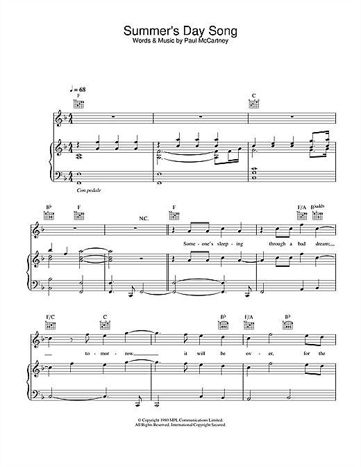 Preview Paul McCartney Summer's Day Song Pop sheet music, notes and chords for Piano, Vocal & Guitar (Right-Hand Melody), SKU: 26941 sheet music, piano notes, chords, guitar tabs, score, transpose, transcribe, how to play, guide, download, learn, tutorial, progression, song, artist, awards, billboard, mtv, vh1, tour, single, album, release