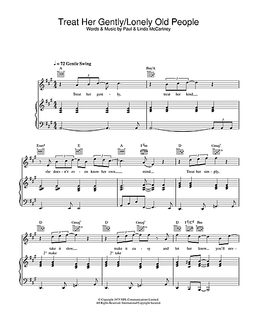 Preview Paul McCartney & Wings Treat Her Gently/Lonely Old People Rock sheet music, notes and chords for Piano, Vocal & Guitar, SKU: 26943 sheet music, piano notes, chords, guitar tabs, score, transpose, transcribe, how to play, guide, download, learn, tutorial, progression, song, artist, awards, billboard, mtv, vh1, tour, single, album, release