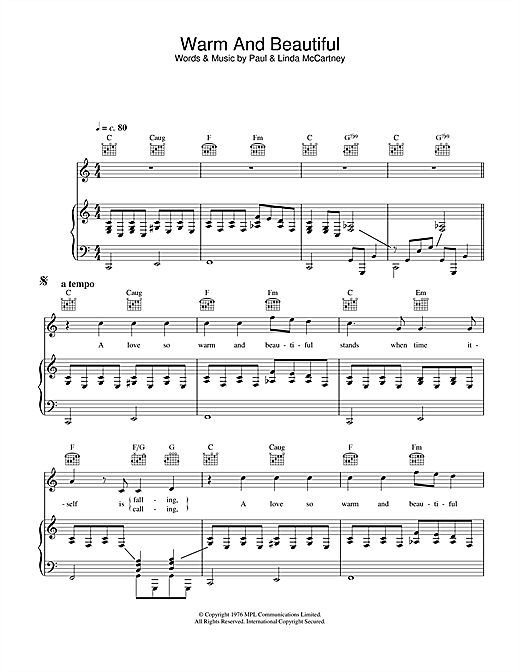 Preview Paul McCartney & Wings Warm And Beautiful Rock sheet music, notes and chords for Piano, Vocal & Guitar, SKU: 26945 sheet music, piano notes, chords, guitar tabs, score, transpose, transcribe, how to play, guide, download, learn, tutorial, progression, song, artist, awards, billboard, mtv, vh1, tour, single, album, release
