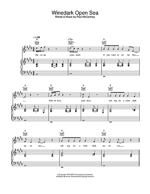 Preview Paul McCartney Winedark Open Sea Pop sheet music, notes and chords for Piano, Vocal & Guitar, SKU: 26947 sheet music, piano notes, chords, guitar tabs, score, transpose, transcribe, how to play, guide, download, learn, tutorial, progression, song, artist, awards, billboard, mtv, vh1, tour, single, album, release