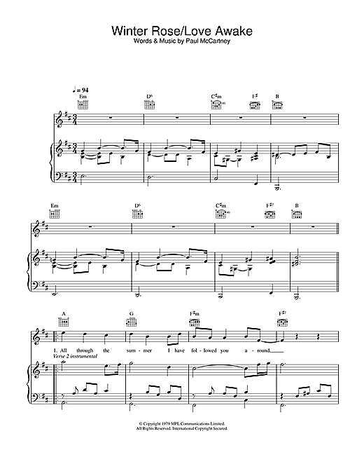Preview Paul McCartney & Wings Winter Rose/Love Awake Rock sheet music, notes and chords for Piano, Vocal & Guitar, SKU: 26948 sheet music, piano notes, chords, guitar tabs, score, transpose, transcribe, how to play, guide, download, learn, tutorial, progression, song, artist, awards, billboard, mtv, vh1, tour, single, album, release