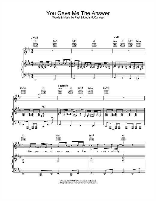 Preview Paul McCartney & Wings You Gave Me The Answer Rock sheet music, notes and chords for Piano, Vocal & Guitar, SKU: 26949 sheet music, piano notes, chords, guitar tabs, score, transpose, transcribe, how to play, guide, download, learn, tutorial, progression, song, artist, awards, billboard, mtv, vh1, tour, single, album, release