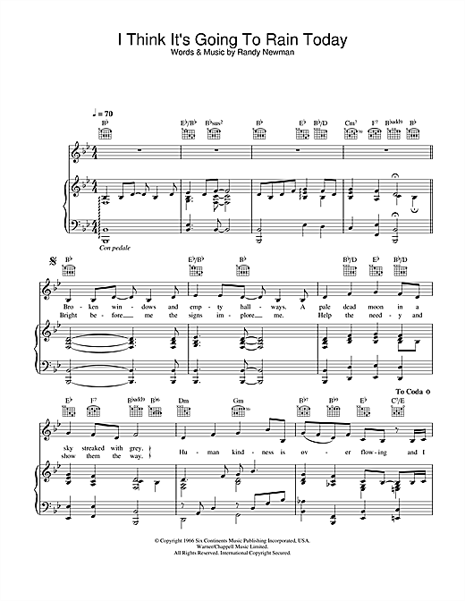 Preview Katie Melua I Think It's Going To Rain Today Pop sheet music, notes and chords for Piano, Vocal & Guitar, SKU: 26950 sheet music, piano notes, chords, guitar tabs, score, transpose, transcribe, how to play, guide, download, learn, tutorial, progression, song, artist, awards, billboard, mtv, vh1, tour, single, album, release