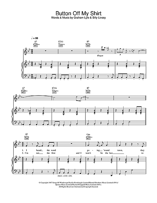 Preview Graham Lyle Button Off My Shirt Pop sheet music, notes and chords for Piano, Vocal & Guitar, SKU: 26953 sheet music, piano notes, chords, guitar tabs, score, transpose, transcribe, how to play, guide, download, learn, tutorial, progression, song, artist, awards, billboard, mtv, vh1, tour, single, album, release