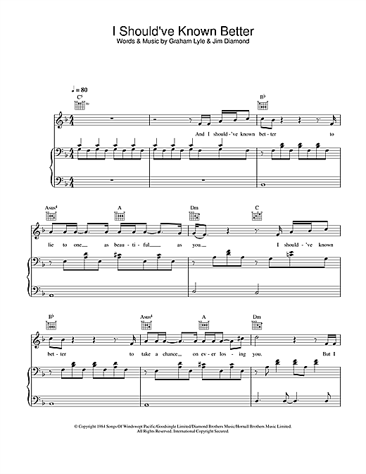 Preview Graham Lyle I Should've Known Better Pop sheet music, notes and chords for Piano, Vocal & Guitar, SKU: 26958 sheet music, piano notes, chords, guitar tabs, score, transpose, transcribe, how to play, guide, download, learn, tutorial, progression, song, artist, awards, billboard, mtv, vh1, tour, single, album, release