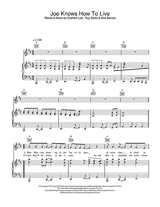 Preview Graham Lyle Joe Knows How To Live Pop sheet music, notes and chords for Piano, Vocal & Guitar, SKU: 26959 sheet music, piano notes, chords, guitar tabs, score, transpose, transcribe, how to play, guide, download, learn, tutorial, progression, song, artist, awards, billboard, mtv, vh1, tour, single, album, release