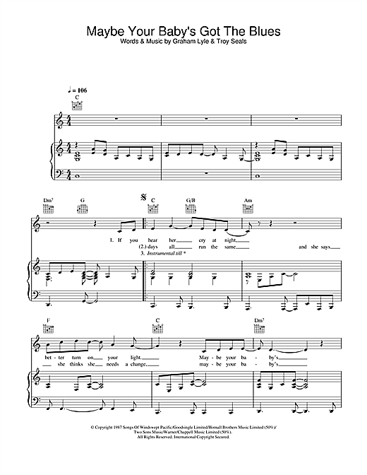 Preview Graham Lyle Maybe Your Baby's Got The Blues Pop sheet music, notes and chords for Piano, Vocal & Guitar, SKU: 26960 sheet music, piano notes, chords, guitar tabs, score, transpose, transcribe, how to play, guide, download, learn, tutorial, progression, song, artist, awards, billboard, mtv, vh1, tour, single, album, release