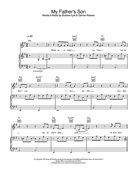 Preview Graham Lyle My Father's Son Pop sheet music, notes and chords for Piano, Vocal & Guitar, SKU: 26961 sheet music, piano notes, chords, guitar tabs, score, transpose, transcribe, how to play, guide, download, learn, tutorial, progression, song, artist, awards, billboard, mtv, vh1, tour, single, album, release