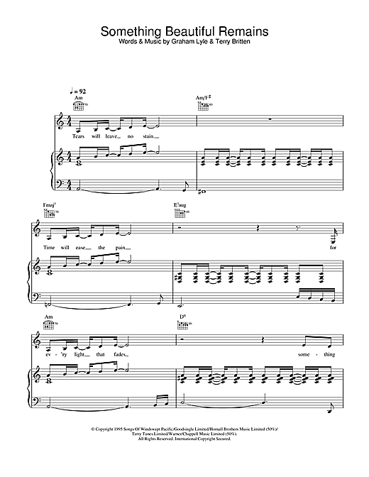 Preview Graham Lyle Something Beautiful Remains Pop sheet music, notes and chords for Piano, Vocal & Guitar, SKU: 26964 sheet music, piano notes, chords, guitar tabs, score, transpose, transcribe, how to play, guide, download, learn, tutorial, progression, song, artist, awards, billboard, mtv, vh1, tour, single, album, release