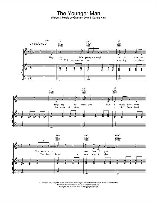 Preview Graham Lyle The Younger Man Pop sheet music, notes and chords for Piano, Vocal & Guitar, SKU: 26965 sheet music, piano notes, chords, guitar tabs, score, transpose, transcribe, how to play, guide, download, learn, tutorial, progression, song, artist, awards, billboard, mtv, vh1, tour, single, album, release