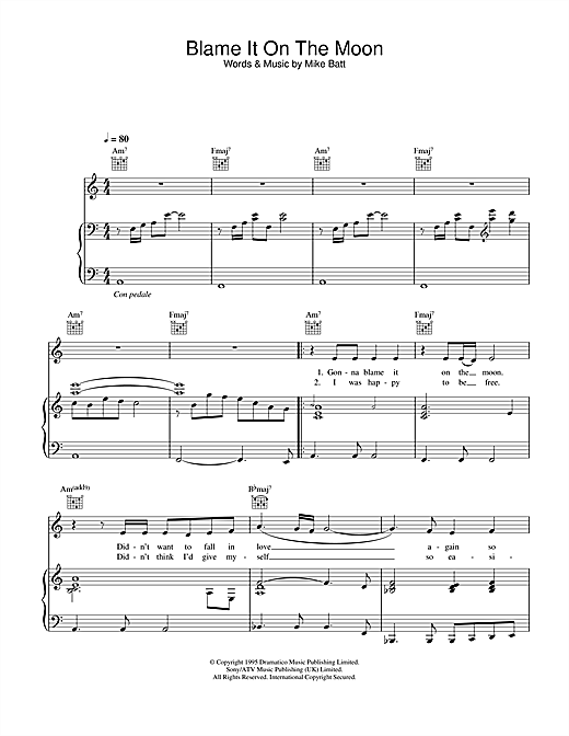 Preview Katie Melua Blame It On The Moon Pop sheet music, notes and chords for Piano, Vocal & Guitar, SKU: 26975 sheet music, piano notes, chords, guitar tabs, score, transpose, transcribe, how to play, guide, download, learn, tutorial, progression, song, artist, awards, billboard, mtv, vh1, tour, single, album, release