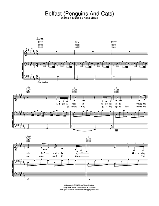 Preview Katie Melua Belfast (Penguins And Cats) Pop sheet music, notes and chords for Piano, Vocal & Guitar, SKU: 26976 sheet music, piano notes, chords, guitar tabs, score, transpose, transcribe, how to play, guide, download, learn, tutorial, progression, song, artist, awards, billboard, mtv, vh1, tour, single, album, release
