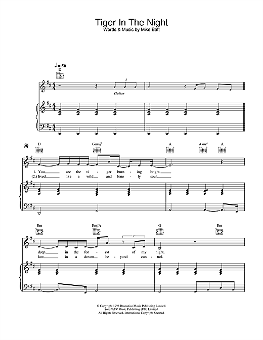 Preview Katie Melua Tiger In The Night Pop sheet music, notes and chords for Piano, Vocal & Guitar, SKU: 26977 sheet music, piano notes, chords, guitar tabs, score, transpose, transcribe, how to play, guide, download, learn, tutorial, progression, song, artist, awards, billboard, mtv, vh1, tour, single, album, release