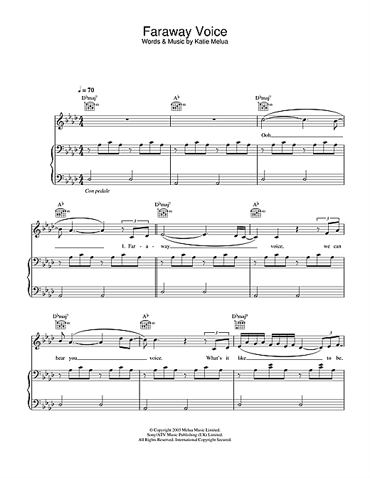Preview Katie Melua Faraway Voice Pop sheet music, notes and chords for Piano, Vocal & Guitar, SKU: 26978 sheet music, piano notes, chords, guitar tabs, score, transpose, transcribe, how to play, guide, download, learn, tutorial, progression, song, artist, awards, billboard, mtv, vh1, tour, single, album, release