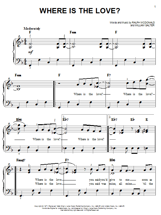 Preview Roberta Flack Where Is The Love? Pop sheet music, notes and chords for Easy Piano, SKU: 26979 sheet music, piano notes, chords, guitar tabs, score, transpose, transcribe, how to play, guide, download, learn, tutorial, progression, song, artist, awards, billboard, mtv, vh1, tour, single, album, release