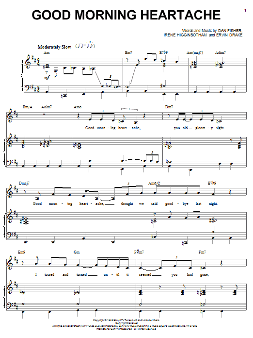 Preview Billie Holiday Good Morning Heartache Folk sheet music, notes and chords for Piano, Vocal & Guitar (Right-Hand Melody), SKU: 26982 sheet music, piano notes, chords, guitar tabs, score, transpose, transcribe, how to play, guide, download, learn, tutorial, progression, song, artist, awards, billboard, mtv, vh1, tour, single, album, release