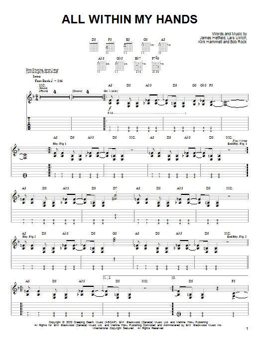 Preview Metallica All Within My Hands Metal sheet music, notes and chords for Easy Guitar Tab, SKU: 26983 sheet music, piano notes, chords, guitar tabs, score, transpose, transcribe, how to play, guide, download, learn, tutorial, progression, song, artist, awards, billboard, mtv, vh1, tour, single, album, release