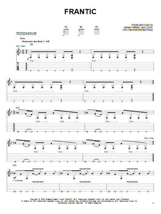 Preview Metallica Frantic Metal sheet music, notes and chords for Easy Guitar Tab, SKU: 26985 sheet music, piano notes, chords, guitar tabs, score, transpose, transcribe, how to play, guide, download, learn, tutorial, progression, song, artist, awards, billboard, mtv, vh1, tour, single, album, release