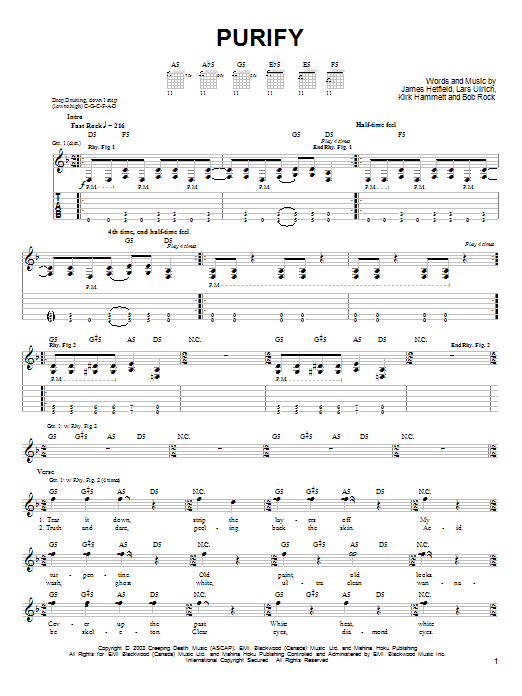 Preview Metallica Purify Metal sheet music, notes and chords for Easy Guitar Tab, SKU: 26988 sheet music, piano notes, chords, guitar tabs, score, transpose, transcribe, how to play, guide, download, learn, tutorial, progression, song, artist, awards, billboard, mtv, vh1, tour, single, album, release