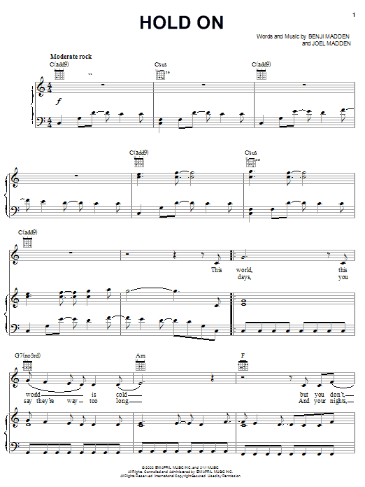 Preview Good Charlotte Hold On Metal sheet music, notes and chords for Piano, Vocal & Guitar (Right-Hand Melody), SKU: 26996 sheet music, piano notes, chords, guitar tabs, score, transpose, transcribe, how to play, guide, download, learn, tutorial, progression, song, artist, awards, billboard, mtv, vh1, tour, single, album, release