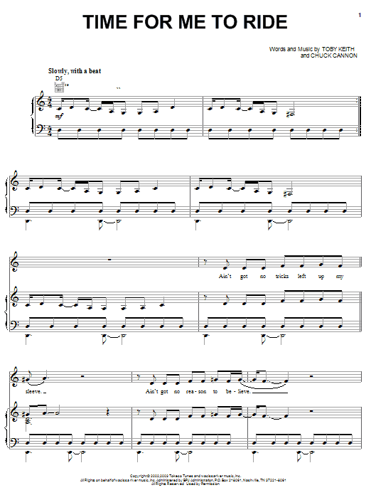 Preview Toby Keith Time For Me To Ride Country sheet music, notes and chords for Piano, Vocal & Guitar (Right-Hand Melody), SKU: 26998 sheet music, piano notes, chords, guitar tabs, score, transpose, transcribe, how to play, guide, download, learn, tutorial, progression, song, artist, awards, billboard, mtv, vh1, tour, single, album, release