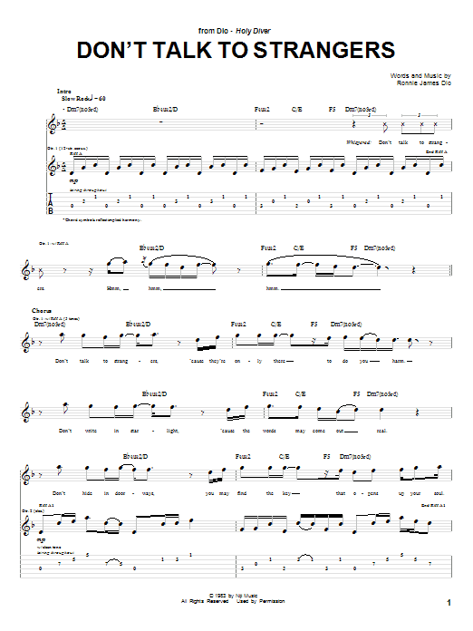 Preview Dio Don't Talk To Strangers Pop sheet music, notes and chords for Guitar Tab, SKU: 27005 sheet music, piano notes, chords, guitar tabs, score, transpose, transcribe, how to play, guide, download, learn, tutorial, progression, song, artist, awards, billboard, mtv, vh1, tour, single, album, release