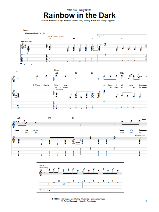 Preview Dio Rainbow In The Dark Pop sheet music, notes and chords for Guitar Tab, SKU: 27006 sheet music, piano notes, chords, guitar tabs, score, transpose, transcribe, how to play, guide, download, learn, tutorial, progression, song, artist, awards, billboard, mtv, vh1, tour, single, album, release