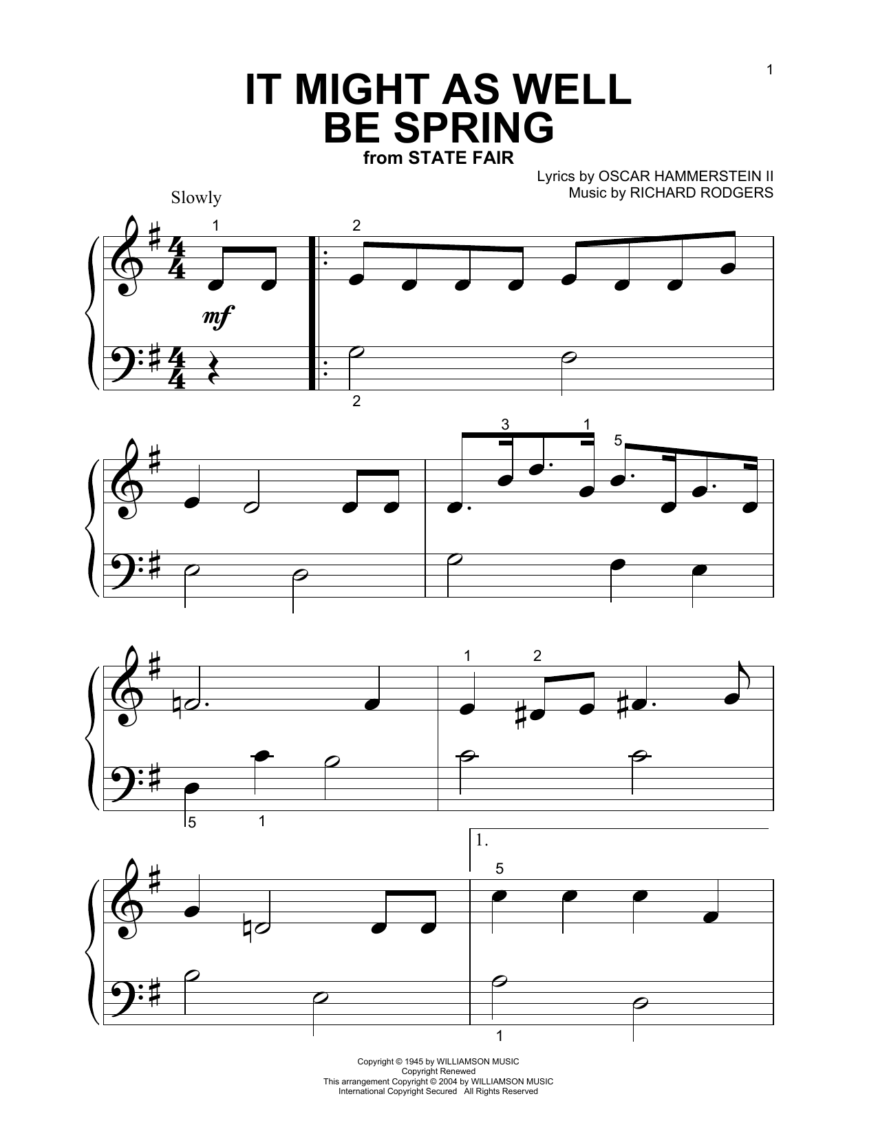Preview Rodgers & Hammerstein It Might As Well Be Spring Jazz sheet music, notes and chords for Piano (Big Notes), SKU: 27010 sheet music, piano notes, chords, guitar tabs, score, transpose, transcribe, how to play, guide, download, learn, tutorial, progression, song, artist, awards, billboard, mtv, vh1, tour, single, album, release