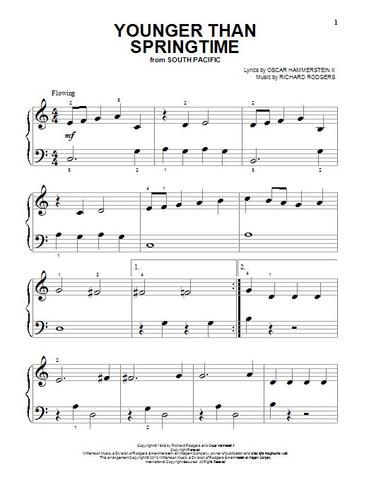 Preview Rodgers & Hammerstein Younger Than Springtime Broadway sheet music, notes and chords for Piano (Big Notes), SKU: 27013 sheet music, piano notes, chords, guitar tabs, score, transpose, transcribe, how to play, guide, download, learn, tutorial, progression, song, artist, awards, billboard, mtv, vh1, tour, single, album, release