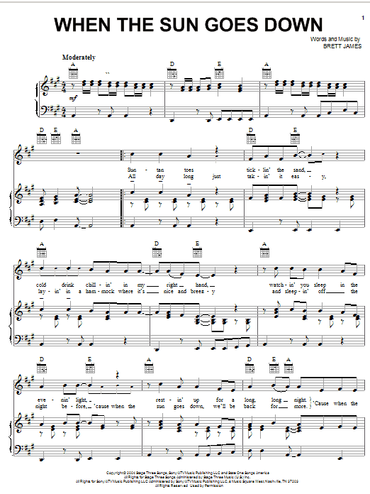 Preview Kenny Chesney When The Sun Goes Down Pop sheet music, notes and chords for Piano, Vocal & Guitar (Right-Hand Melody), SKU: 27022 sheet music, piano notes, chords, guitar tabs, score, transpose, transcribe, how to play, guide, download, learn, tutorial, progression, song, artist, awards, billboard, mtv, vh1, tour, single, album, release