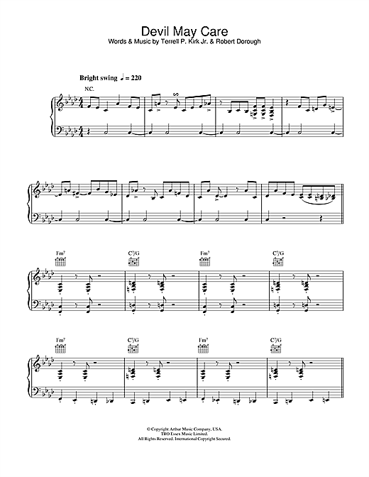 Preview Jamie Cullum Devil May Care Jazz sheet music, notes and chords for Piano, Vocal & Guitar (Right-Hand Melody), SKU: 27025 sheet music, piano notes, chords, guitar tabs, score, transpose, transcribe, how to play, guide, download, learn, tutorial, progression, song, artist, awards, billboard, mtv, vh1, tour, single, album, release
