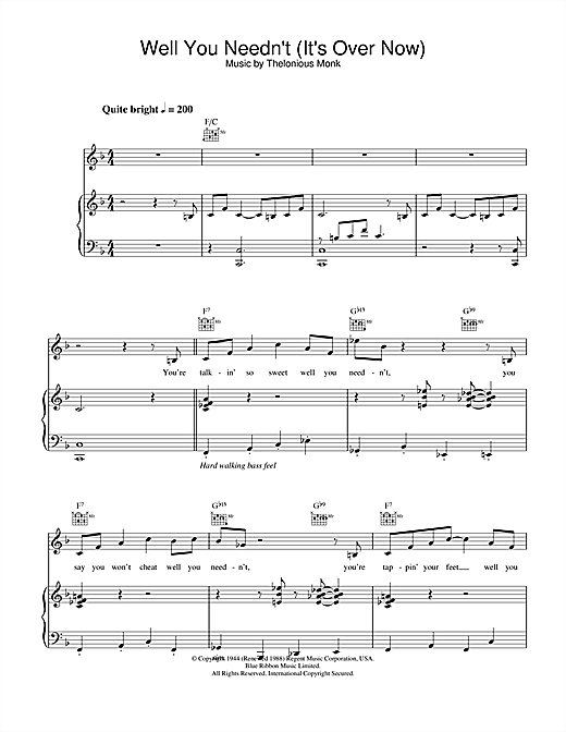 Preview Jamie Cullum Well You Needn't (It's Over Now) Jazz sheet music, notes and chords for Piano, Vocal & Guitar, SKU: 27030 sheet music, piano notes, chords, guitar tabs, score, transpose, transcribe, how to play, guide, download, learn, tutorial, progression, song, artist, awards, billboard, mtv, vh1, tour, single, album, release